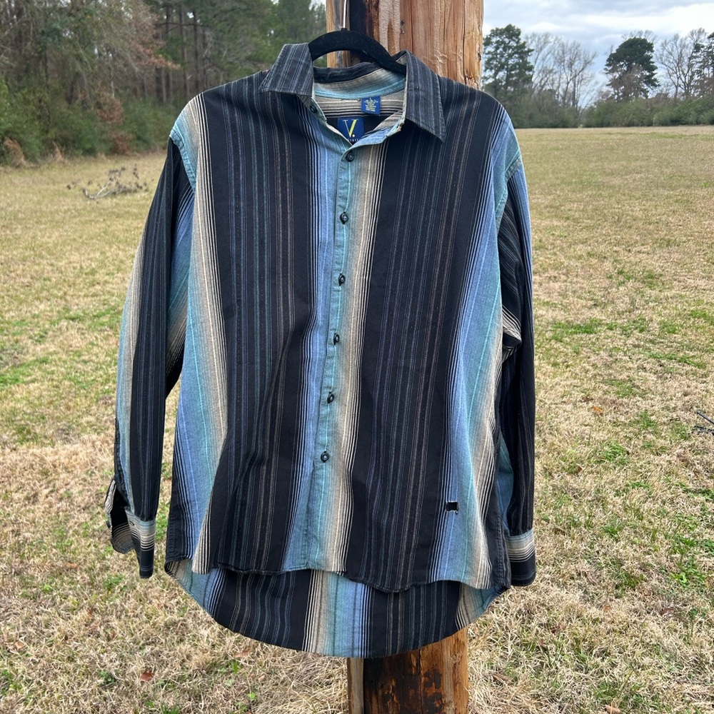 Men's Vintage Striped Button-Up Shirt Black Blue Beige